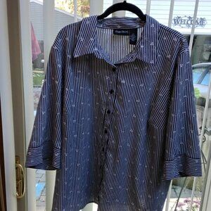 Maggie Barnes Stripped White & Navy Button-Down Shirt with Embroidered Flowers